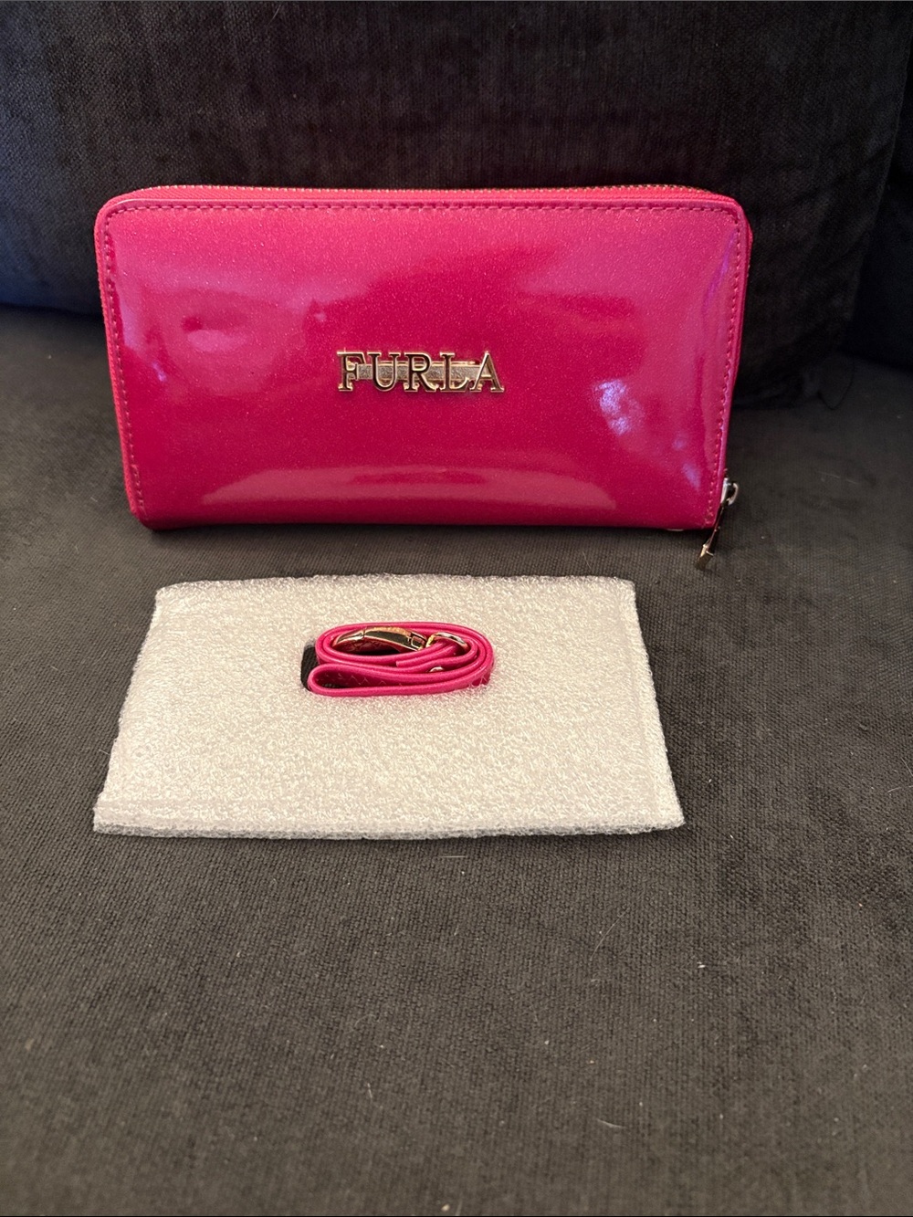 Furla Hot Pink Patent Leather Zip Wallet with Gold Logo